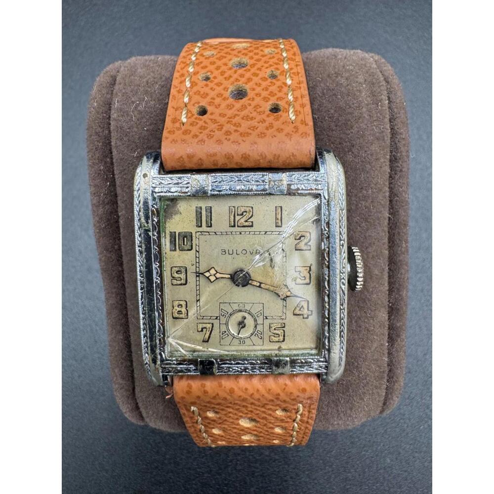 Vintage 1930s Bulova Engraved Tank Pat Jan 11 1927 17J Swiss Non-Running Cracked